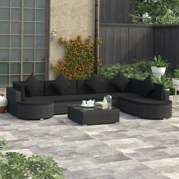 vidaXL 8 pcs conjunto lounge de jardim c/ almofadões vime PE preto