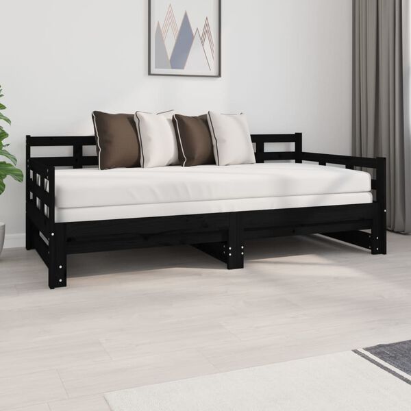 vidaXL Estrutura sof&aacute;-cama de puxar pinho maci&ccedil;o preto 2x(90x190) cm