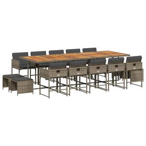 vidaXL 15 pcs conjunto jantar p/ jardim c/ almofad&otilde;es vime PE cinzento