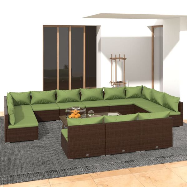 vidaXL 13 pcs conjunto lounge de jardim c/ almofad&otilde;es vime PE castanho