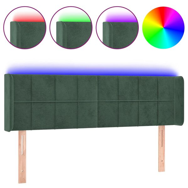 vidaXL Cabeceira cama c/ luzes LED veludo 147x16x78/88 cm verde-escuro