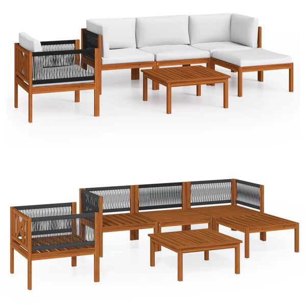 vidaXL Conjunto de lounge de jardim vidaXL com 6 peças e almofadas em madeira de acácia creme e corda