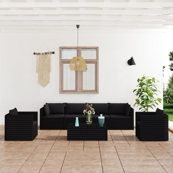 vidaXL 7 pcs conjunto lounge de jardim c/ almofad&otilde;es vime PE preto