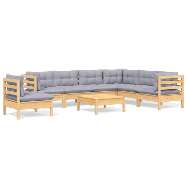 vidaXL 8 pcs conjunto lounge de jardim + almofad&otilde;es cinza pinho maci&ccedil;o