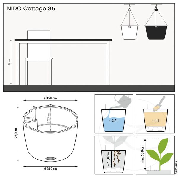 LECHUZA Vaso suspenso NIDO Cottage 35 ALL-IN-ONE preto grafite