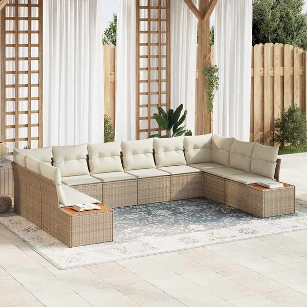 vidaXL Conjunto de Sof&aacute; de Jardim 10 pcs Bege e Creme Polirattan