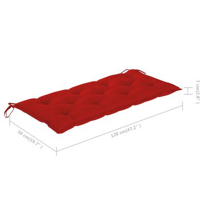 vidaXL Banco de jardim c/ almofadão vermelho 120 cm teca maciça