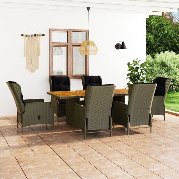 vidaXL 7 pcs conjunto jantar exterior com almofadões vime PE castanho