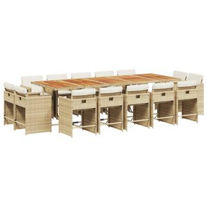 vidaXL 15 pcs conjunto de jantar p/ jardim com almofad&otilde;es vime PE bege