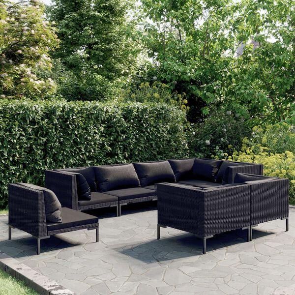 vidaXL 8 pcs conj. lounge jardim c/ almofad&otilde;es vime PE cinzento-escuro