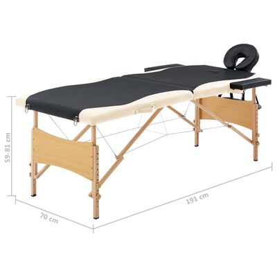 vidaXL Mesa de massagens dobrável 2 zonas madeira preto e bege