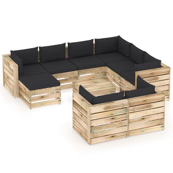 vidaXL 10 pcs conj. lounge jardim c/ almofad&otilde;es madeira impreg. verde