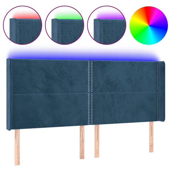 vidaXL Cabeceira cama c/ luzes LED veludo 163x16x118/128cm azul-escuro