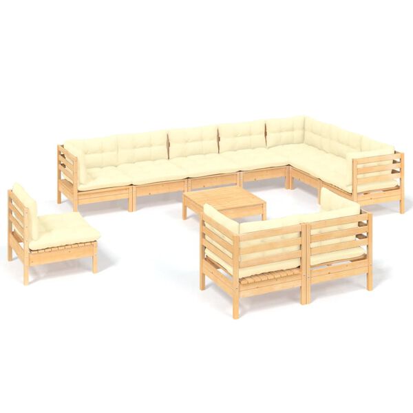 vidaXL 11 pcs conjunto lounge jardim c/ almofad&otilde;es creme pinho maci&ccedil;o