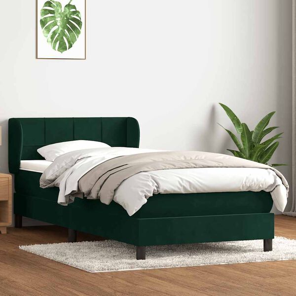 vidaXL Cama com molas/colch&atilde;o 90x220 cm veludo verde-escuro