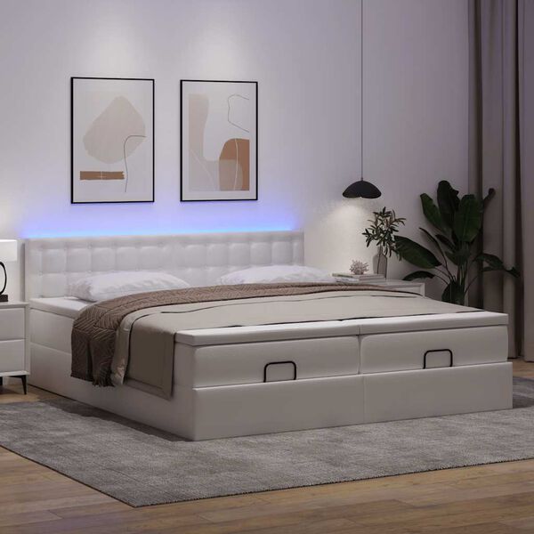 vidaXL Estrutura de cama otomana com colchão branco couro falso