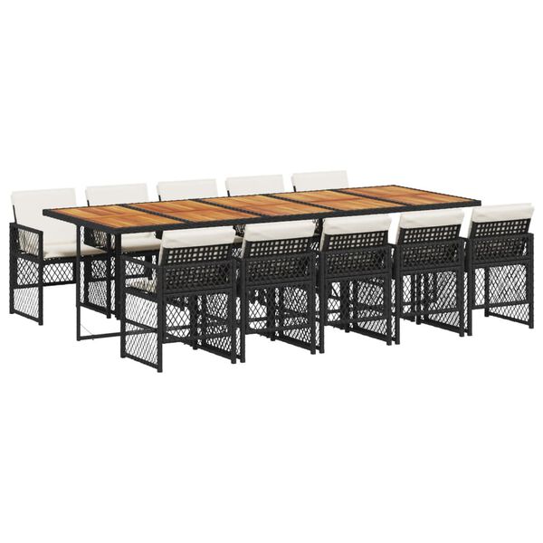 vidaXL 11 pcs conjunto de jantar p/ jardim c/ almofad&otilde;es vime PE preto