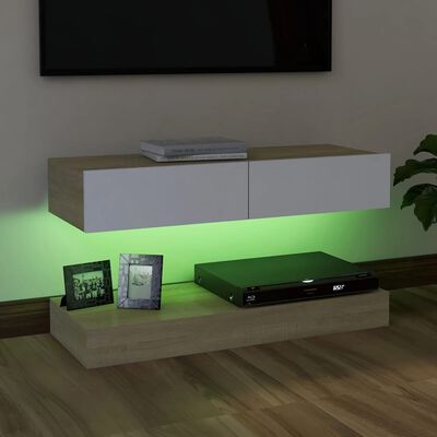 vidaXL Móvel de TV com luzes LED 90x35 cm branco e carvalho sonoma