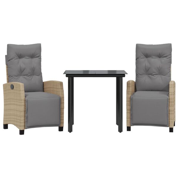 vidaXL 3 pcs conj. jantar jardim c/ almofad&otilde;es vime PE bege misturado