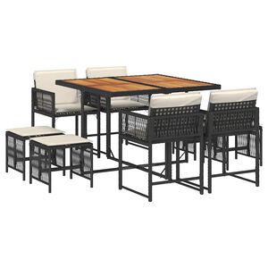vidaXL 9 pcs conjunto de jantar p/ jardim c/ almofad&otilde;es vime PE preto