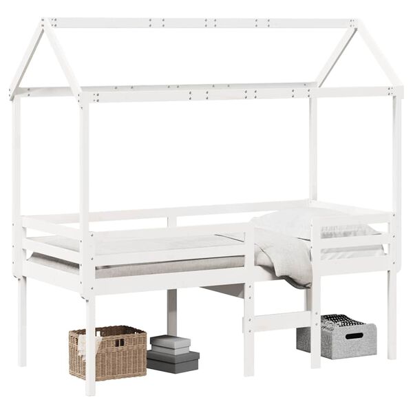 vidaXL Cama alta com telhado 90x190 cm pinho maci&ccedil;o branco