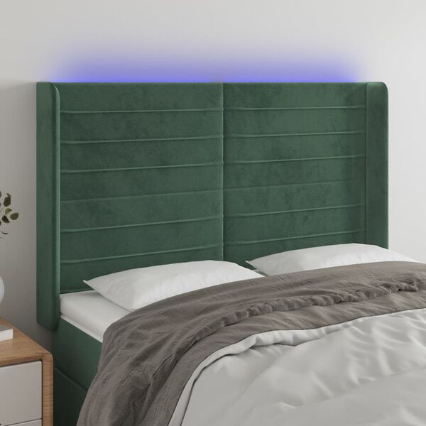 vidaXL Cabeceira de cama c/ LED veludo 147x16x118/128 cm verde-escuro