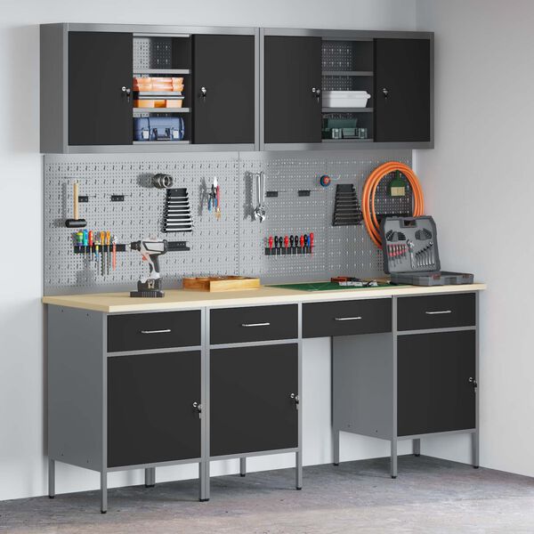 vidaXL Arm&aacute;rio de Trabalho 10 pcs Preto Madeira de Engenharia e A&ccedil;o