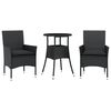 vidaXL 3 pcs conjunto jantar jardim c/ almofad&otilde;es vime PE/vidro preto