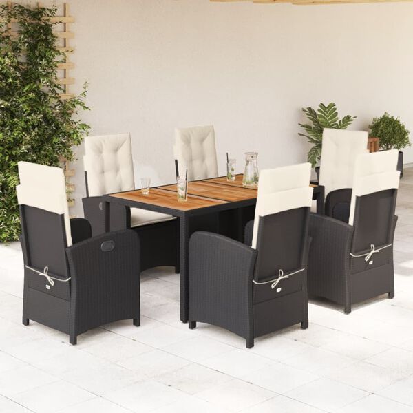 vidaXL 7 pcs conjunto de jantar p/ jardim c/ almofad&otilde;es vime PE preto