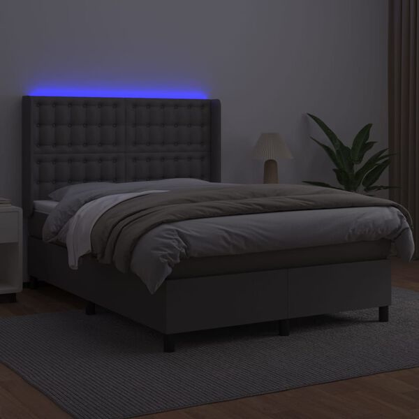 vidaXL Cama box spring c/ colchão/LED 140x190cm couro artificial cinza