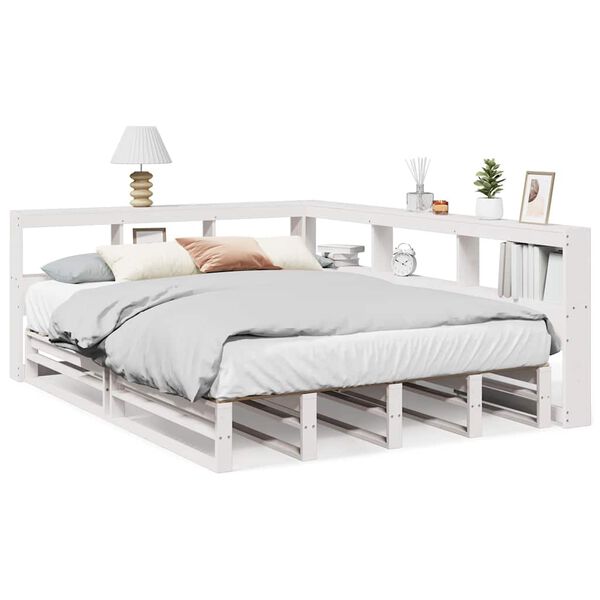 vidaXL Cama com estante sem colch&atilde;o 160x200 cm pinho maci&ccedil;o branco