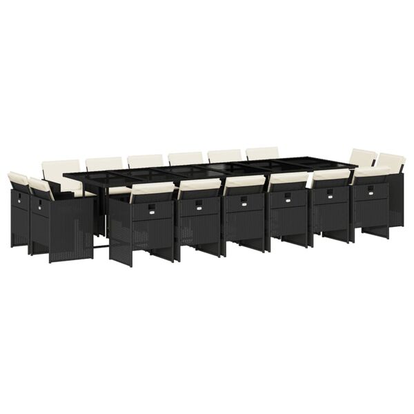 vidaXL 17 pcs conjunto de jantar p/ jardim c/ almofad&otilde;es vime PE preto