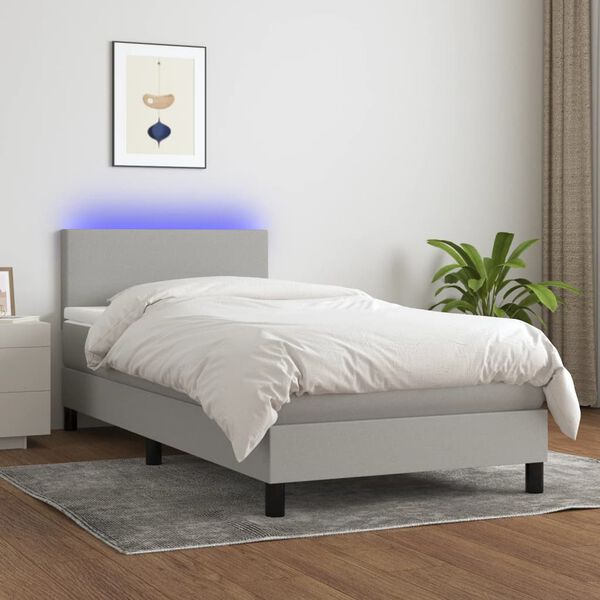 vidaXL Cama box spring c/ colch&atilde;o e LED 90x190 cm tecido cinza-claro