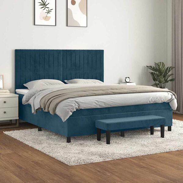 vidaXL Cama com molas/colch&atilde;o 160x200 cm veludo azul-escuro