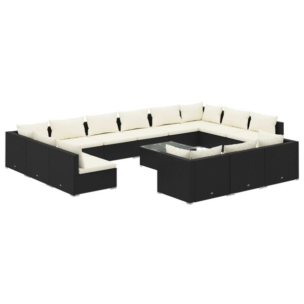 vidaXL 14 pcs conjunto lounge de jardim c/ almofad&otilde;es vime PE preto