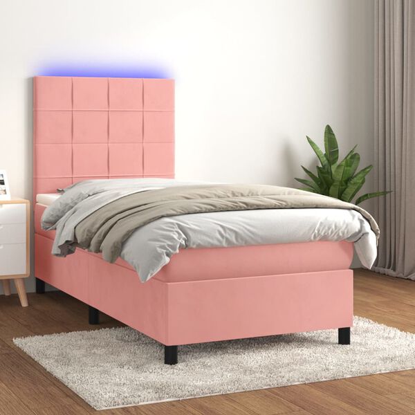 vidaXL Cama box spring c/ colch&atilde;o/LED 100x200 cm veludo rosa