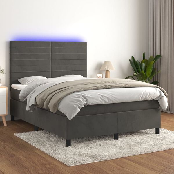 vidaXL Cama box spring c/ colch&atilde;o/LED 140x200cm veludo cinzento-escuro