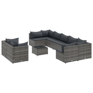 vidaXL 10 pcs conjunto sof&aacute;s de jardim c/ almofad&otilde;es vime PE cinzento