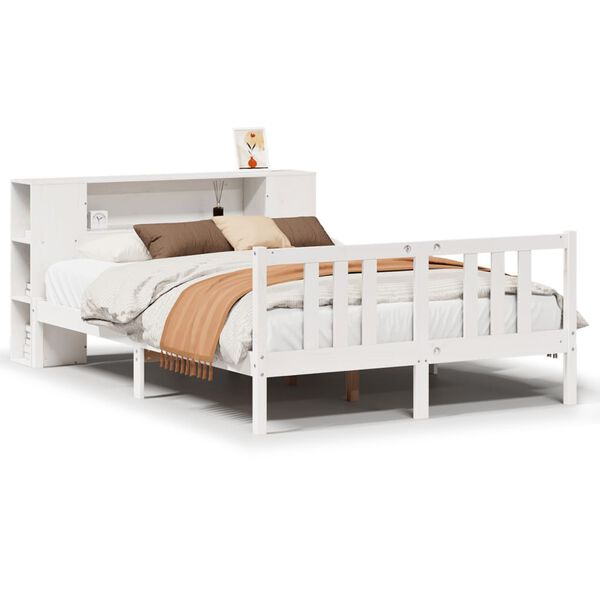 vidaXL Cama com estante sem colch&atilde;o 160x200 cm pinho maci&ccedil;o branco