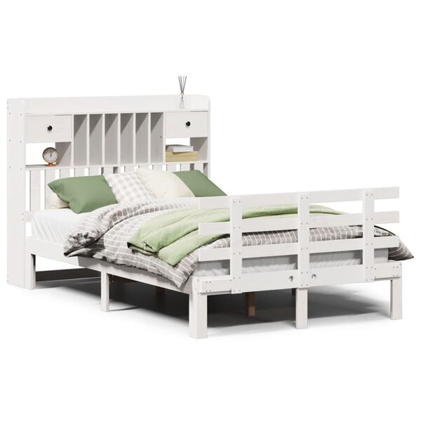 vidaXL Cama com estante sem colch&atilde;o 135x190 cm pinho maci&ccedil;o branco