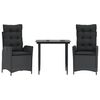 vidaXL 3 pcs conjunto de jantar p/ jardim c/ almofad&otilde;es vime PE preto