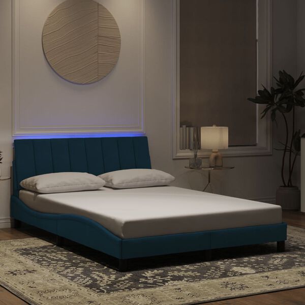 vidaXL Estrutura de cama com LED sem colch&atilde;o Hanko 140x200 cm veludo azul