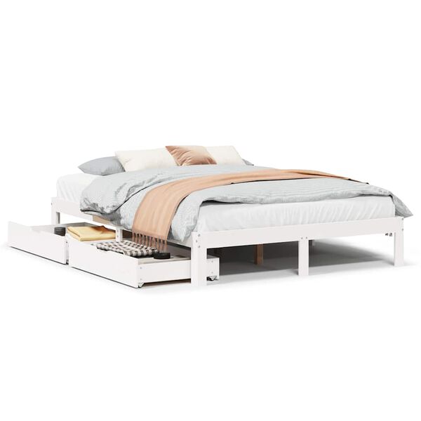 vidaXL Estrutura de cama c/ gavetas 140x200 cm pinho maci&ccedil;o branco