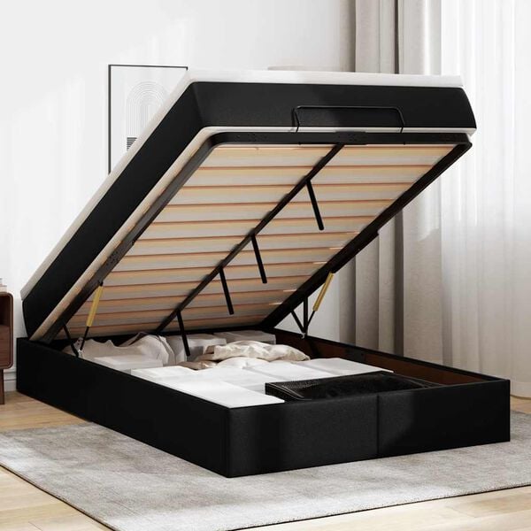 vidaXL Estrutura de cama otomana com colch&atilde;o preto Couro falso