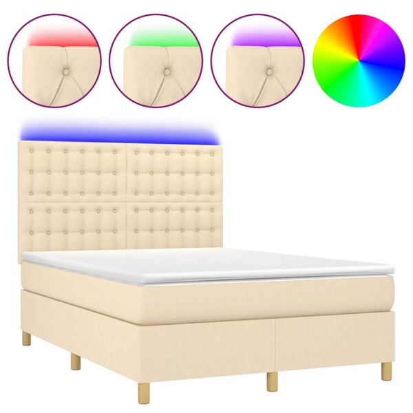 vidaXL Cama box spring c/ colch&atilde;o e LED 140x200 cm tecido cor creme