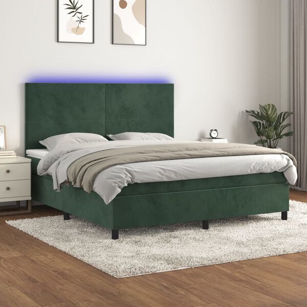 vidaXL Cama box spring c/ colch&atilde;o/LED 160x200 cm veludo verde-escuro