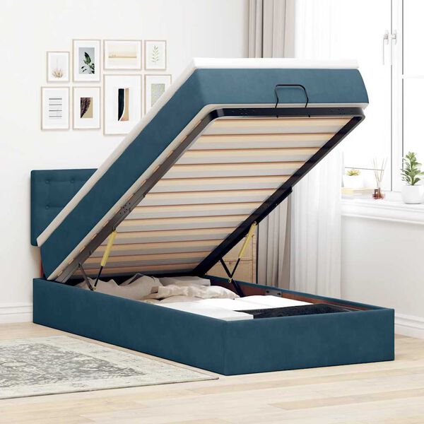 vidaXL Estrutura cama otomana com colch&atilde;o azul escuro 90x190cm veludo