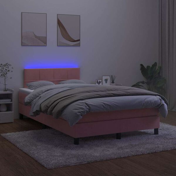 vidaXL Cama box spring c/ colch&atilde;o luzes e LED 120x190 cm veludo rosa