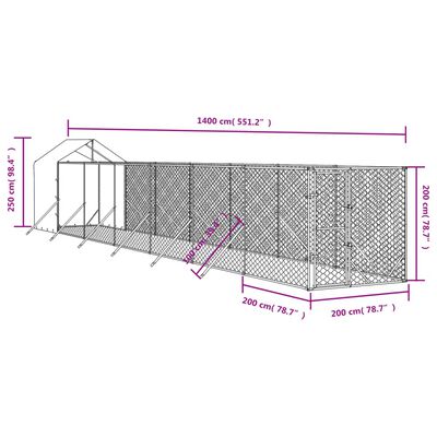 vidaXL Canil de exterior com teto 2x14x2,5 m aço galvanizado prateado