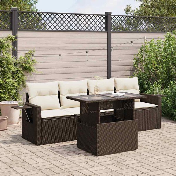 vidaXL 5 pcs conjunto sof&aacute;s p/ jardim c/ almofad&otilde;es vime PE castanho